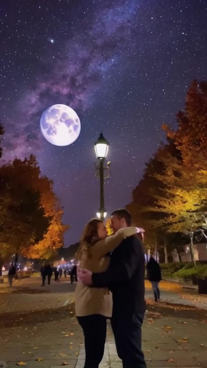 Two lovers locked in a passionate embrace Sharing a sweet kiss under soft glowing streetlights Surrounded by a vibrant autumn park with golden leaves swirling gently in the breeze Muffled laughter of nearby couples echoes under a starlit sky as a full moon casts a romantic glow Ethereal warmth envelops them inviting the world to fade away enveloped in the magic of the momentTwo lovers locked in a passionate embrace Sharing a sweet kiss under soft glowing streetlights Surrounded by a vibrant autumn park with golden leaves swirling gently in the breeze Muffled laughter of nearby couples echoes under a starlit sky as a full moon casts a romantic glow Ethereal