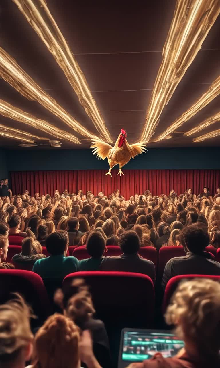 A movie theater full of people are watching a screen that is showing a giant chicken pecking at the camera 