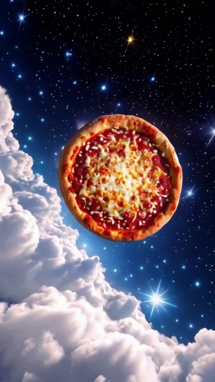 Vertical surreal cinematic video A hyperdetailed, worldly pizza floats weightlessly  dreamlike sky filled  soft white and skyblue clouds,  drifts amg glowing stars in deep space The pizza radiates with golden, molten cheese  vibrant toppings  shimmer with unreal colors The camera moves dynamically in orbit around the pizza, emphasi