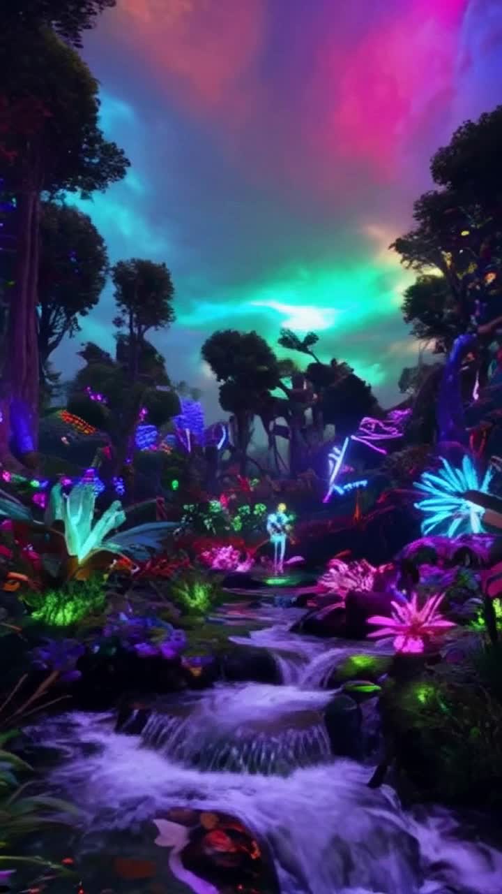 Futuristic gamer adorned in neon gear dashes through a kaleidoscopic landscape vibrant with exotic plants and bioluminescent flowers glowing with each stride. Feet propel her forward as she leaps over shimmering streams and weaves between towering trees swaying gently. Surrounding flora pulses energetically igniting a symphony of colors blooming spontaneously. Sky above is a mesmerizing swirl of digital art projections casting radiant reflections on the ground. Whispers of technology intertwine with nature creating an awe-inspiring environment brimming with energy and life
