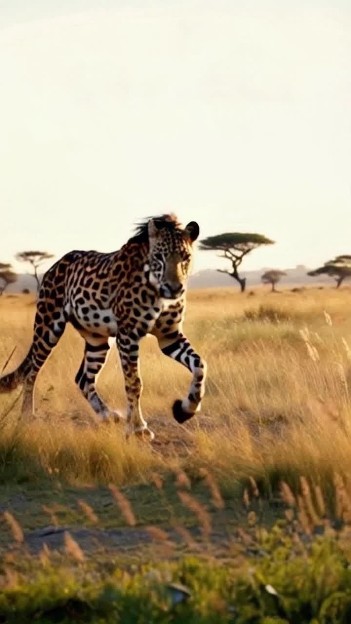Majestic creature with a sleek leopard body adorned in vibrant spots paired with a striking stallion head featuring a flowing mane Gracefully prowls through a sundrenched savannah exuding power and elegance Tall grass sways gently in golden light while distant acacia trees provide a stunning backdrop