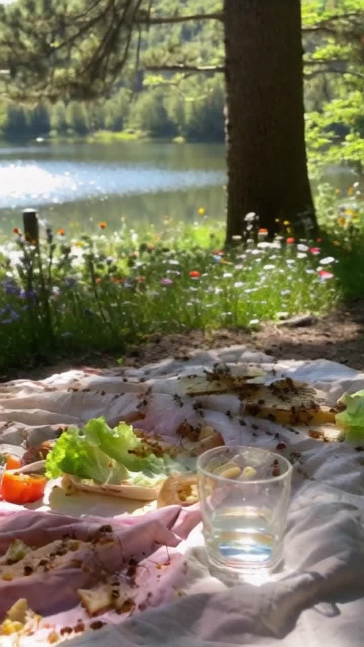 Swarm of hundreds of tiny ants moves in unison across a vibrant picnic blanket stealing crumbs and morsels of food scattering lettuce pieces and halfeaten sandwiches Ants climb over each other in a frenzy showcasing their teamwork and determination Sunlight filters through the lush green trees illuminating the colorful picnic spread with fruit and drinks untouched near a serene lake surrounded by blooming wildflowers creating a picturesque summer scene turned chaotic