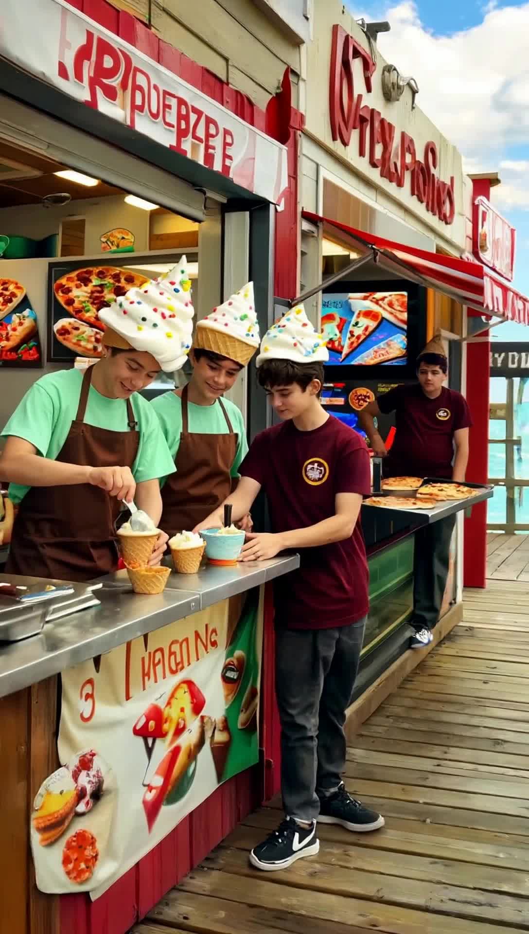 An ice cream shop next to a pizzeria on a boardwalk overlooking ocean, has college age workers in uniform, the ice cream servers wear pastel green cotton tshirts covered by tan aprons and hats that resemble ice cream cones filled with soft serve vanilla and sprinkles as they fill cones, bowls and talk with customers, the next door Pizza Pushers wear burgundy red tshirts with the Pizza Pushers logo sewn badge around the left of the collar and the same tan aprons, they have crust brown colored berets that look like real pizza pies, red sauce and melted cheese, watching adolescent children going into the video arcade and missing those allegedly carefree days