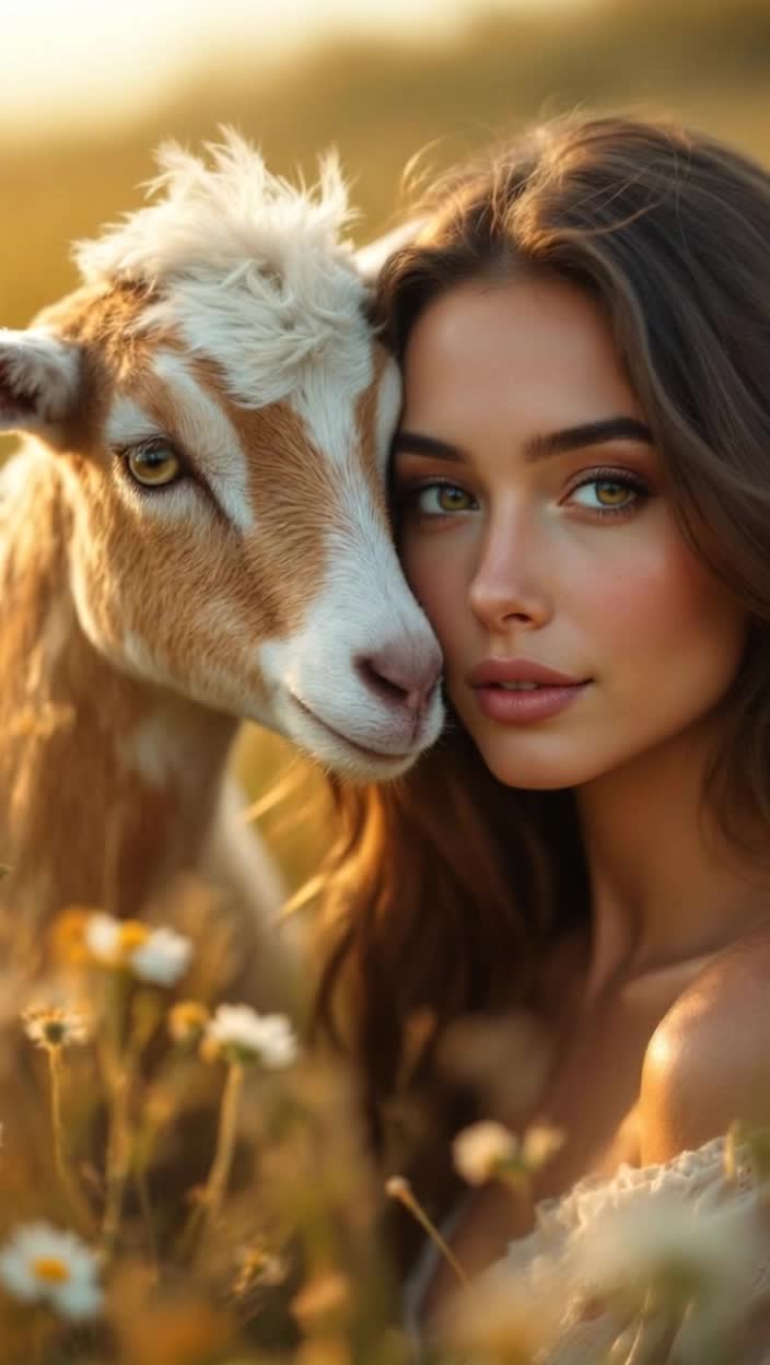 A goat whispering into a beautiful womans ear