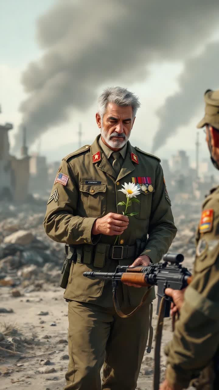 Grey haired hispanic man in his 50s putting a flower in the barrel of a military mans rifle in a war