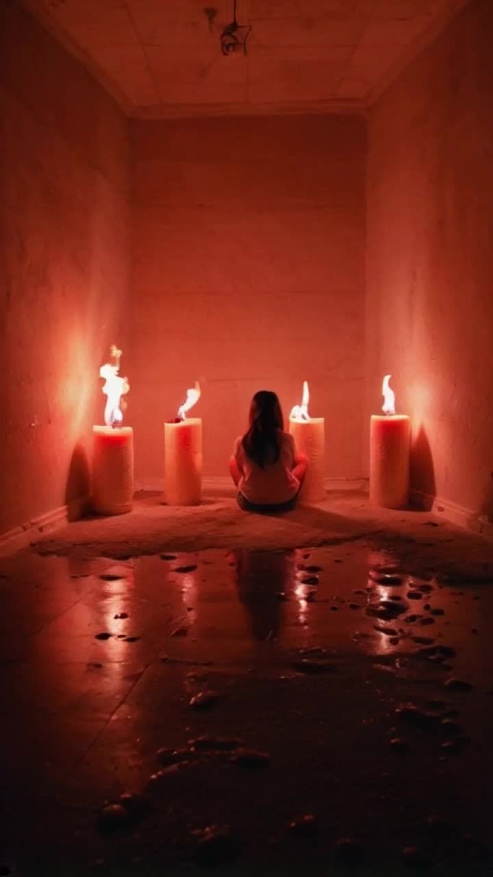 The girl sits alone in her four cornered room staring at giant melting candles as the camera pans around her, the giant candles are burning a scarlet flame and faint smoky plume as they melt wax and drip profusely down the circumference, candle wax flows down the candles and pooling on the floor like a lave flow, hyperrealistic, 8k resolution, vray tracing