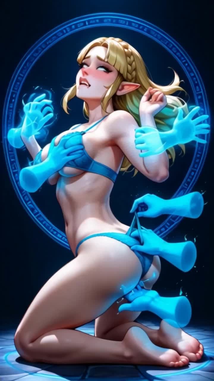 a beautiful woman Zelda using a magical spell to control multiple magical disembodied floating glowing hands that are grabbing her squishy chest holding her and stimulating her, moaning 