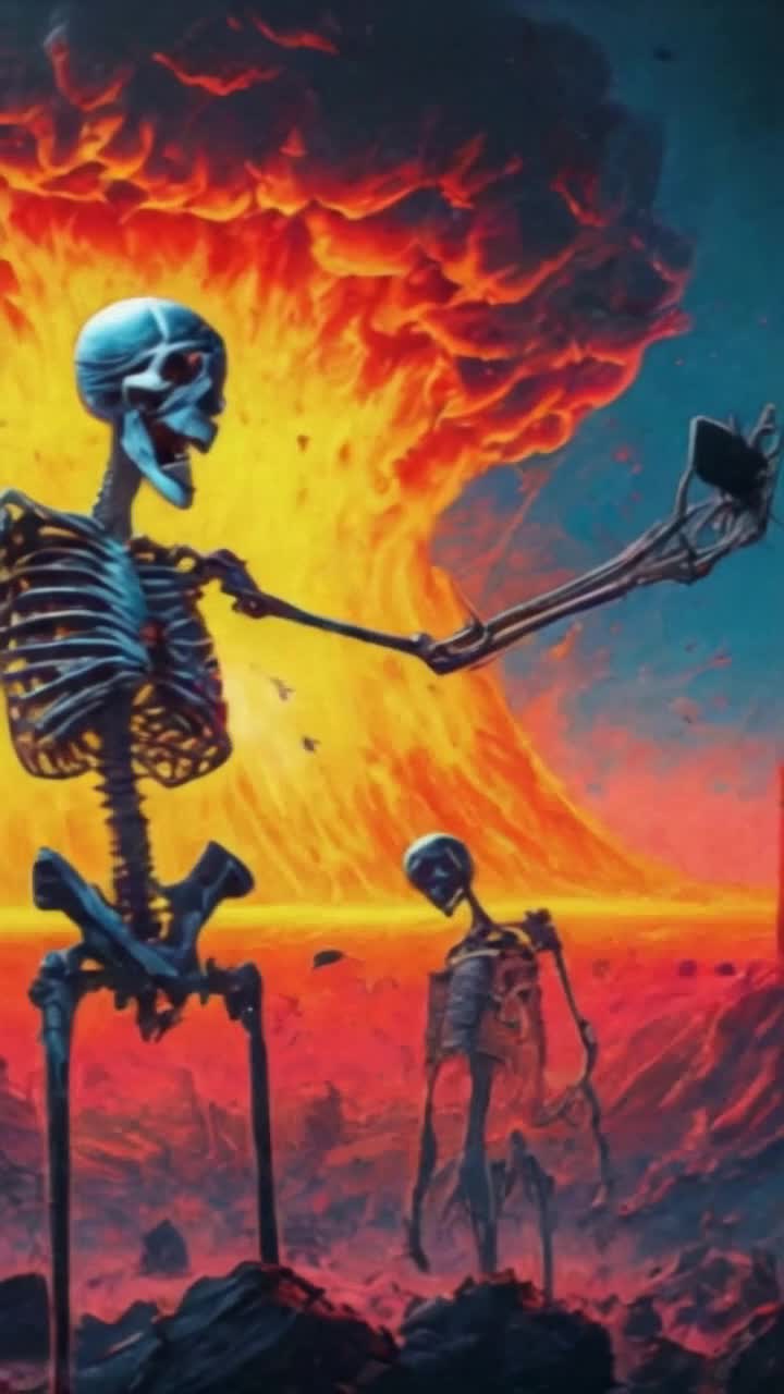 A skeleton taking a selfie in front of a nuclear explosion mushroom cloud,