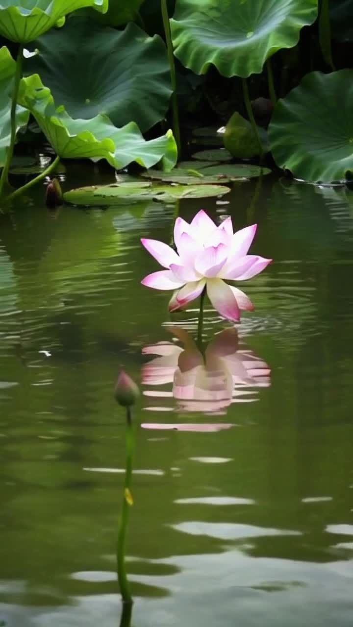 NSerene lotus flower drifting gracefully on tranquil pond surface shimmering under soft sunlight Gentle ripples expanding outward as delicate petals sway with a light breeze Lush green foliage framing the scene adding depth and tranquility Ethereal reflections dancing on water creating a sense of calm serenity Peaceful ambiance inviting viewers into a moment of stillness and beauty