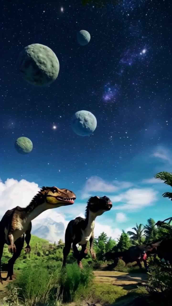 Majestic dinosaurs grazing on lush greenery in diverse habitats observing fiery asteroids streaking across vibrant skies Flames illuminating their ancient scales as they tilt their heads in awe Pristine jungles rocky mountains vast plains providing a stunning backdrop to this celestial spectacle An orchestra of roars and chirps echoing in the air as giants of the past witness impending doom Cherished camaraderie among species colors of their scales shimmering against the evolving cosmic canvas