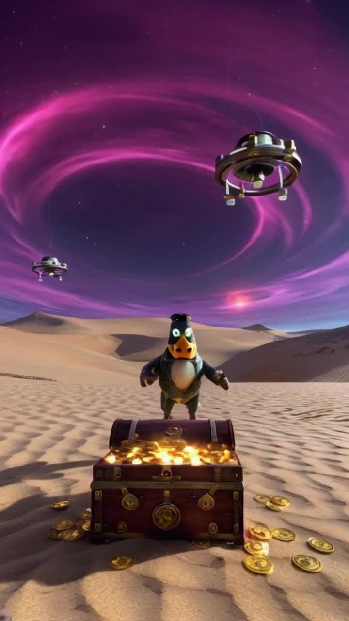 In a surreal alien desert where rolling dunes of luminous white sand stretch endlessly under a swirling lavender sky with twin suns on the horizon, a Chibistyle Scrooge McDuck stands gleefully, his oversized, sparkling eyes reflecting digital dreams He counts glowing golden Bitcoin coins spilling from an open, vintage steampunk treasure chest adorned with brass gears and retrofuturistic locks Hovering nanodrones cast intricate shadows, illuminating the scene and enhancing the wonder and greed of this futuristic nostalgic landscape