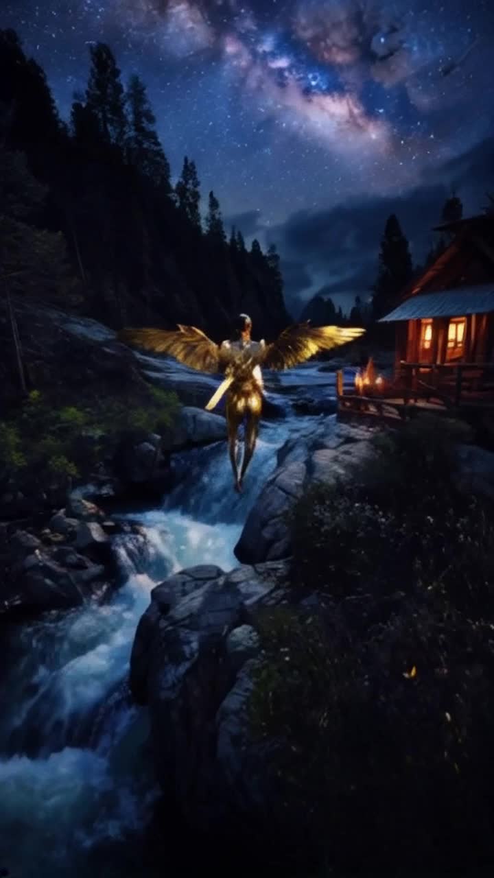 Celestial beings drift amidst ethereal twilight, Titus poised on a rocky precipice He gazes down, heart heavy with unspoken choices, as whispers of angels swirl around him Shimmering stars blink like memories, illuminating a world below, vibrant yet frail Wings of gold and ebony unfurl, catching twilights glow as he prepares to descend Heartbeats echo across tranquil rivers, where life thrives despite chaos Flickering candles dance in a cozy cabin, casting shadows on soft wooden walls Creatures of wonder await, and laughter mingles with the night, as hope flickers like a lantern in darkness, guiding lost souls back to light