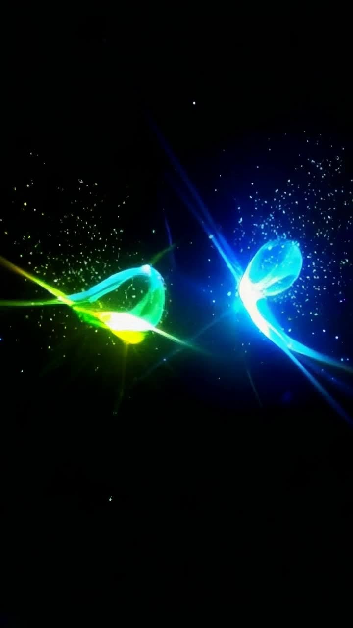 Two vibrant abstract shapes intertwined, pulsating with vivid colors, floating gracefully through an ethereal void, illuminated by shimmering stardust and soft glowing orbs, creating a mesmerizing dance of light and shadow