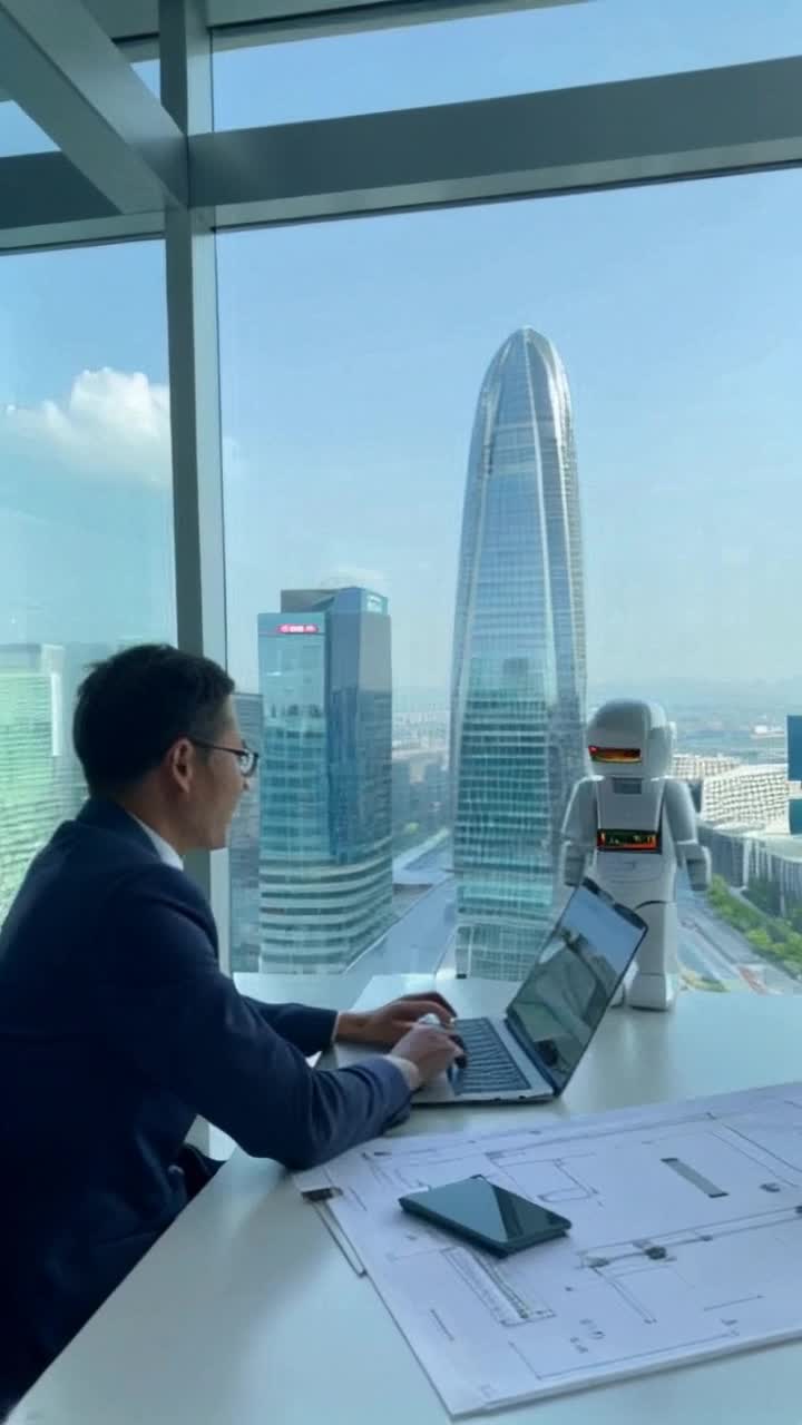 Personas Una persona puede ser un arquitecto o diseador y un robot heladoActividad Compartiendo ideas y trabajando en un proyecto de diseo arquitectnicoEntorno Una oficina ultramoderna con grandes ventanalesDetalles del EntornoVentanas Amplias y de vidrio, permitiendo una vista panormica de una ciudad modernaCiudad Rascacielos de cristal, edificios innovadores y espacios verdes integradosTecnologa Pantallas digitales mostrando planos arquitectnicos y modelos 3D