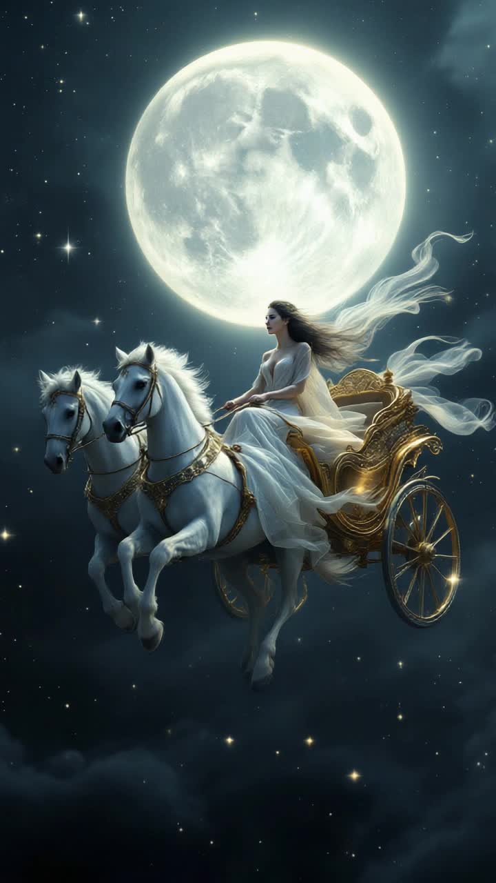 selene the moon goddess riding in her chariot drawn by 2 white horses in the night sky with the giant moon in the background