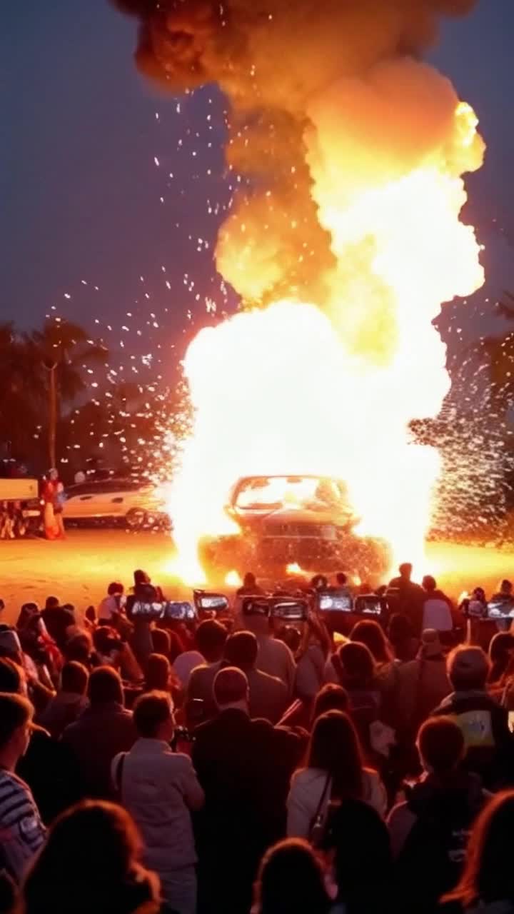 the electric car is bellowing smoke and suddenly explodes like a nuclear detonation sending shrapnel in all directions, the worst USA president is driving the electric car while waving to the crowd who recoils as the electric car detonates in a brilliant fireball, the electric car spews smoke and flame before exploding in an intense fireball that lights up the scene of a crowd amazed by the pyrotechnics, 