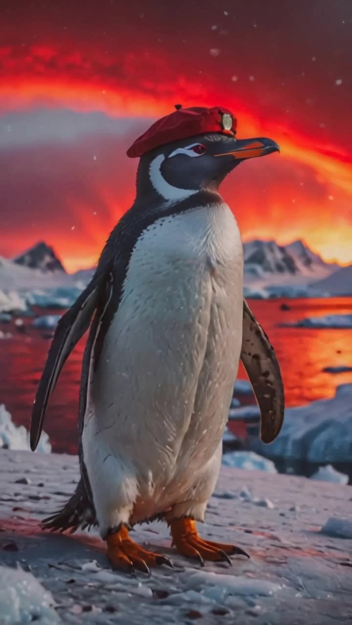 Penguin soldier commander, wearing a red beret, standing at attention, in the antarctic