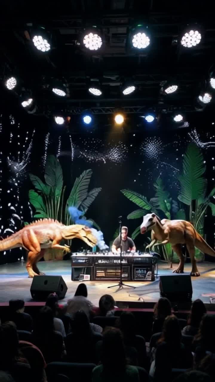 Dinosaur hip hop rap group stage show slhouettes of a Steggasaurus and TRex spitting bars alongside a Velociraptor dj bobbing its head next to a Triceratops laying down beats Sharing clouds of vibrant tree smoke exhaled from colorful glass instruments in sync with catchy rhythms A retro black and white animated stage adorned with oversized prehistoric plants flickering lights creating a luxury hip hop atmosphere