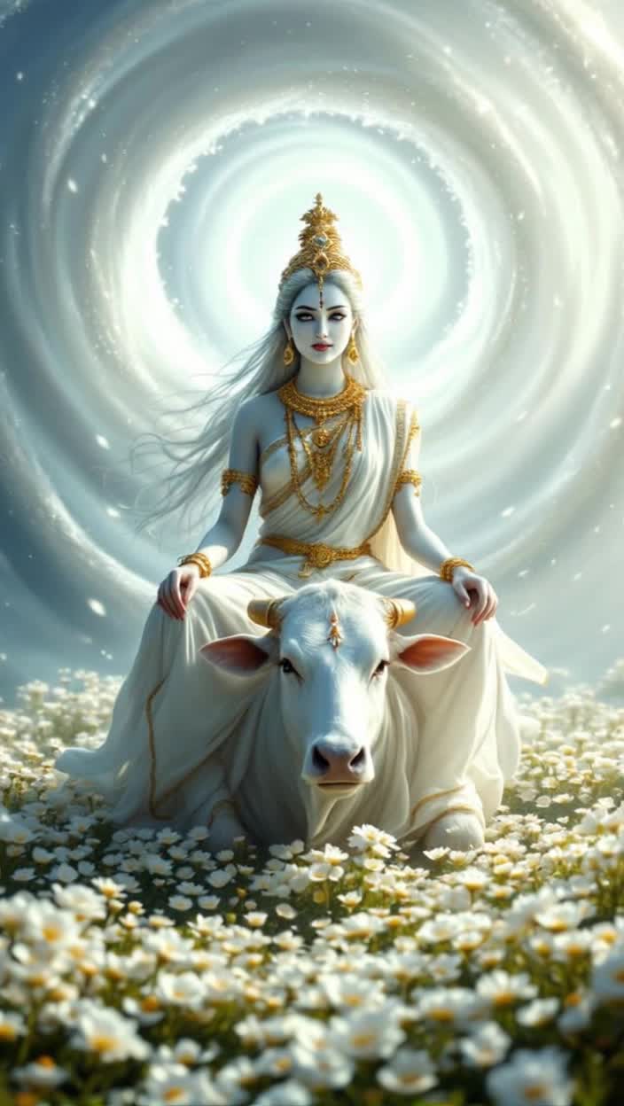 8K, HDR, seamless animation with fluid movementsThe celestial hum grows stronger A pure, radiant white light emanates from a swirling vortex in the center of the frame This isnt a blinding light, but one of pure, soothing luminescence, like moonlight on a clear nightFrom the vortex, a figure begins to formMAHAGAURI VO, echoing, gentleI am Mahagauri, the great goddess of purity, peace, and serenityThe figure resolves into the goddess MAHAGAURI She is exquisitely beautiful, her complexion a luminous, milky white, like a pearl She wears a pristine, flowing white sari with a delicate golden border Her ornaments are made of pure, sparkling diamonds and goldShe has four armsIn her right upper hand, she holds a gleaming TRIDENT TRISHULIn her left upper hand, a small, elegant DAMARU drum is heldHer lower right hand is in the ABHAYAMUDRA a gesture of fearlessnessHer lower left hand is in the VARADAMUDRA a gesture of bestowing boonsThe camera zooms in slowly on her serene, compassionate face Her eyes are halfclosed, radiating a profound sense of peaceSCENE ENDSCENE STARTEXT CELESTIAL LANDSCAPE  DAY8K, HDR, hyperrealistic renderingMahagauri is now shown gracefully seated on a pure white bull, named VRISHARUDHA The bulls coat is impossibly clean and shines with a soft light The landscape around them is a vibrant, verdant field filled with blooming white flowers, resembling jasmine Kunda A gentle, cool breeze rustles through the leavesThe camera circles Mahagauri and her bull, showcasing her divine grace and the immense power she holds in her peaceful form The trident and the drum glow with a soft, warm lightSCENE ENDSCENE STARTMONTAGE  FULFILLING DESIRESA series of short, animated vignettes Each one is a quick, highquality, 8K shot The transitions are seamless and fluidVIGNETTE 1 A devotee, looking troubled, is kneeling in prayer A soft, white light from above touches them Their face transforms, showing a sense of profound relief and peaceVIGNETTE 2 A field of dark, withered crops Mahagauris image appears as a shimmer of light in the sky Rain, pure and glowing, begins to fall, and the crops instantly become lush and greenVIGNETTE 3 A child is crying, lost and alone The image of Mahagauris gentle face appears in a ray of light, and the child is instantly filled with a sense of safety and calm Their tears stop, replaced by a soft smileSCENE ENDSCENE STARTEXT HIMALAYAN RIVER  DAY8K, HDR, beautiful and poignant animationThis scene is a flashback, telling the story of her originWe see a figure, GODDESS PARVATI, with a dark, ashcovered complexion She is weary from her long penance She is walking towards a sparkling river, the sacred GANGESAs she steps into the water, her form begins to shimmer and change The dark skin washes away, not as dirt, but as a separate, distinct form of energy that floats away and dissipates into the airParvati emerges from the water, her body now luminous and fair, her complexion like the moon She smiles serenely, reborn and purified The music swells with a sense of triumph and graceMAHAGAURI VOAfter my long penance, Lord Shiva bathed me in the holy waters My dark complexion was washed away, and I emerged as the one with a radiant, golden hue I became MahagauriSCENE ENDSCENE STARTINT DIVINE REALM  DAY8K, HDR, slow, majestic camera movementThe final shot returns to Mahagauri, now at the center of the screen The white bull is beside her, and the gentle, divine hum is at its peak A halo of pure white light surrounds her headThe camera slowly pulls back, revealing the vast, peaceful expanse of her divine realm The feeling is one of complete tranquility, purity, and benevolenceMAHAGAURI VO, strong, clearI am the one who purifies the soul I am the giver of peace, and the one who grants all pure desires Seek me, and you shall find clarity, serenity, and the strength to overcome all obstaclesThe camera continues to pull back until Mahagauri becomes a small, brilliant star in the vast cosmic expanse The sound fades to a single, resonant note, and then to silence