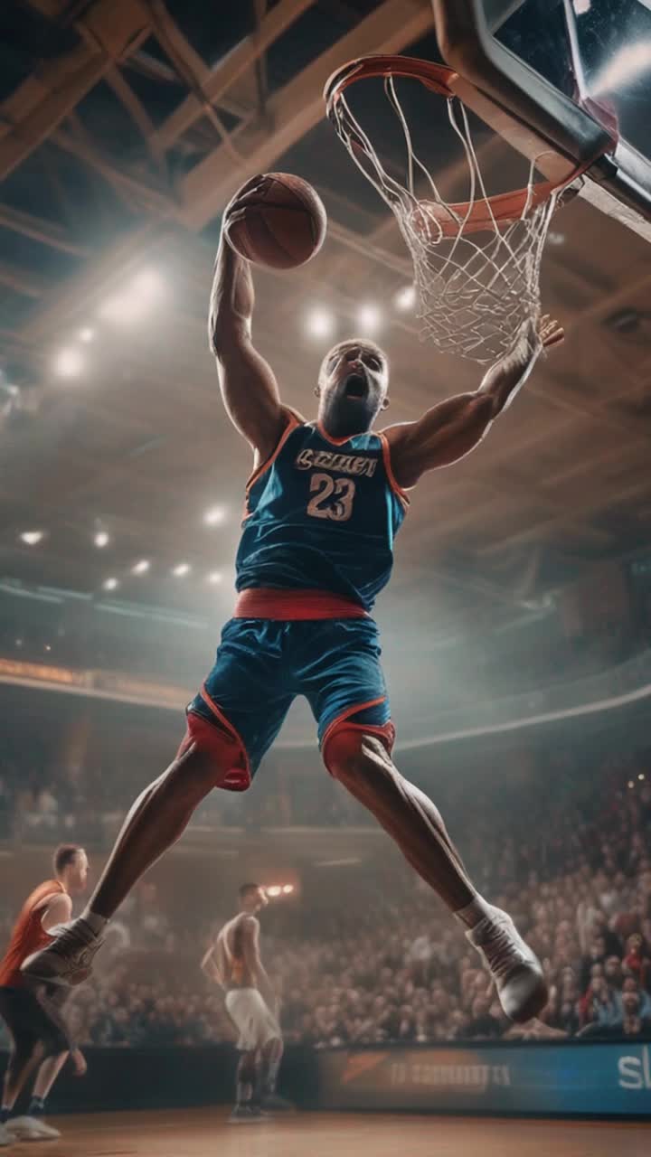 Athletic basketball player soaring gracefully through the air, muscular limbs extended dramatically, expression fierce and determined, vibrant jersey catching the light Powerful slam dunk sending basketball crashing through the hoop, net swaying with intensity, crowd of a few spectators looking on with indifferent expressions, some glancing at phones, others disinterestedly chatting Dimly lit gymnasium echoing with sounds of sneakers squeaking on the polished wooden floor, bright fluorescent lights casting stark shadows, banners of past champions hanging against walls, a stark contrast to the vibrant energy of the player in motion