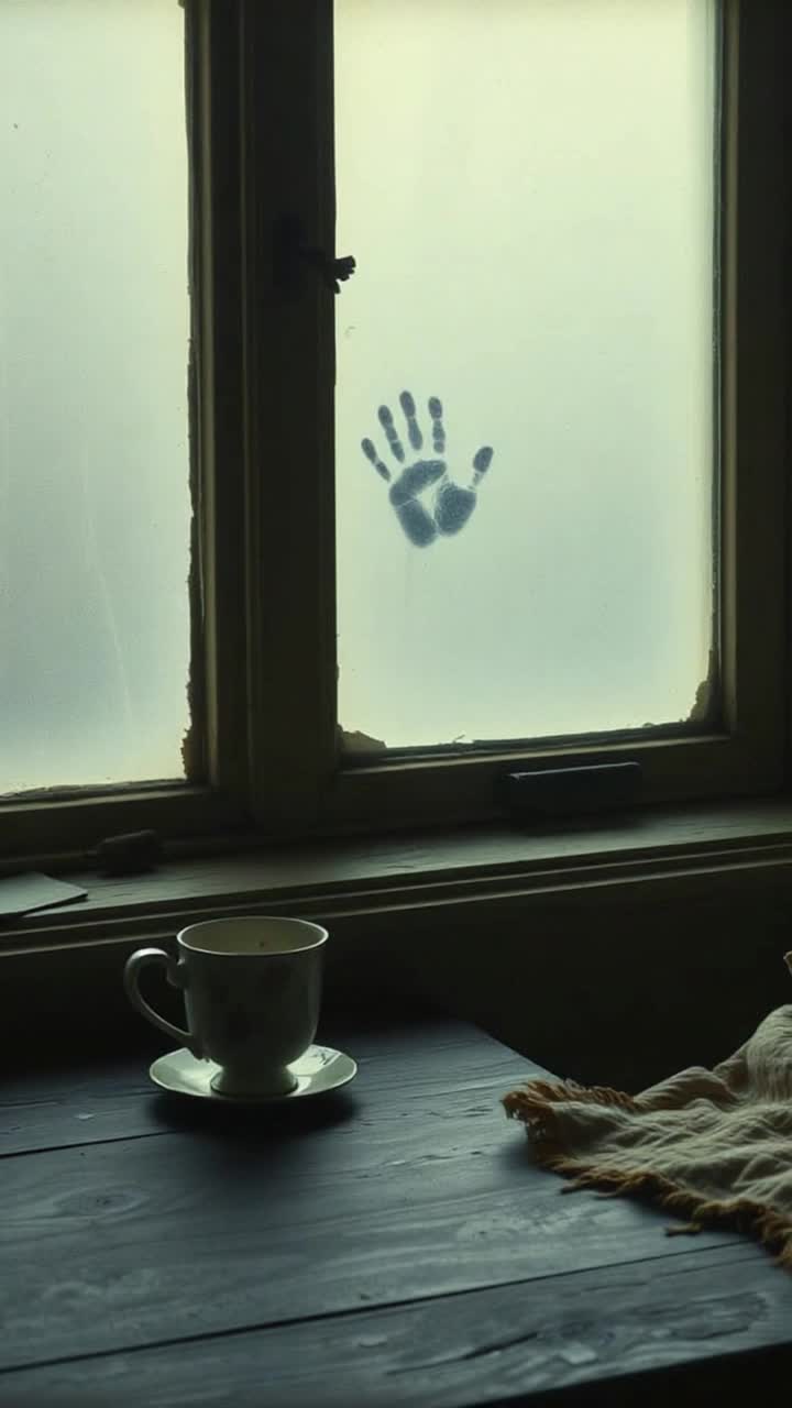A dimly lit, dusty room frozen in time A small handprint is smeared on a foggy windowpane, just visible in a beam of pale light On a rickety table rests a cracked tea cup, stained with dried crimson Nearby, a tattered blanket is crumpled beside a broken framed photo its glass splintered like a The atmosphere is dense with sorrow ghostly impressions linger in the air like breath long faded This is not just a spaceits a memory, soaked with the echoes of grief and human touch 