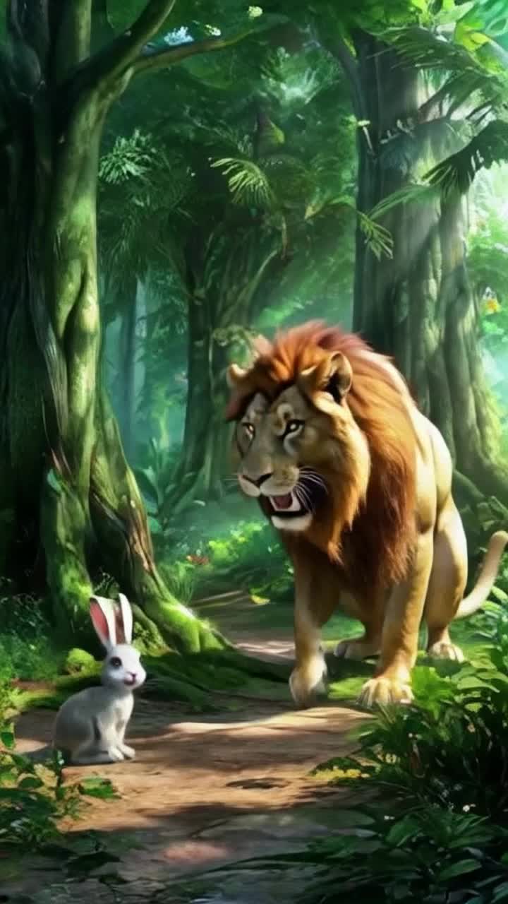 Majestic lion powerful sleek form roaring fiercely Energetic rabbit quick nimble leaps smiling slyly Mysterious jungle dense with towering trees vibrant green foliage dappled sunlight filtering through canopy Background music pulsating with light fast beats Narrator speaks with dramatic resonance One day jungle king faces clever quickwitted rabbit Music shifts to adventurous and energetic Narrator reveals tale of clash friendship forging new path Where strength meets intellect battle of wits unfolds Lion pondering deep thoughts what secret lies within you Rabbit playfully responding challenges arise together