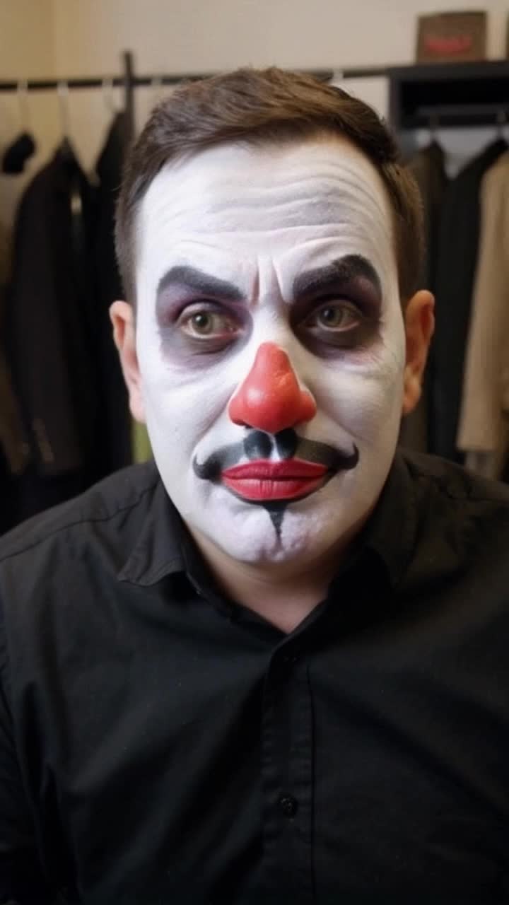 James Vance has a chubby face with a goatee and large eyes, he is sitting in a dressing room and applying clown makeup onto his face, he smiles as each brush stroke thickens his clown appearance, starts by going from a normal face to looking like Pennywise