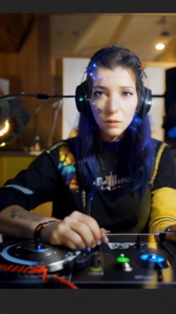 View pans to either side while she speaks into the microphone, hands clasped