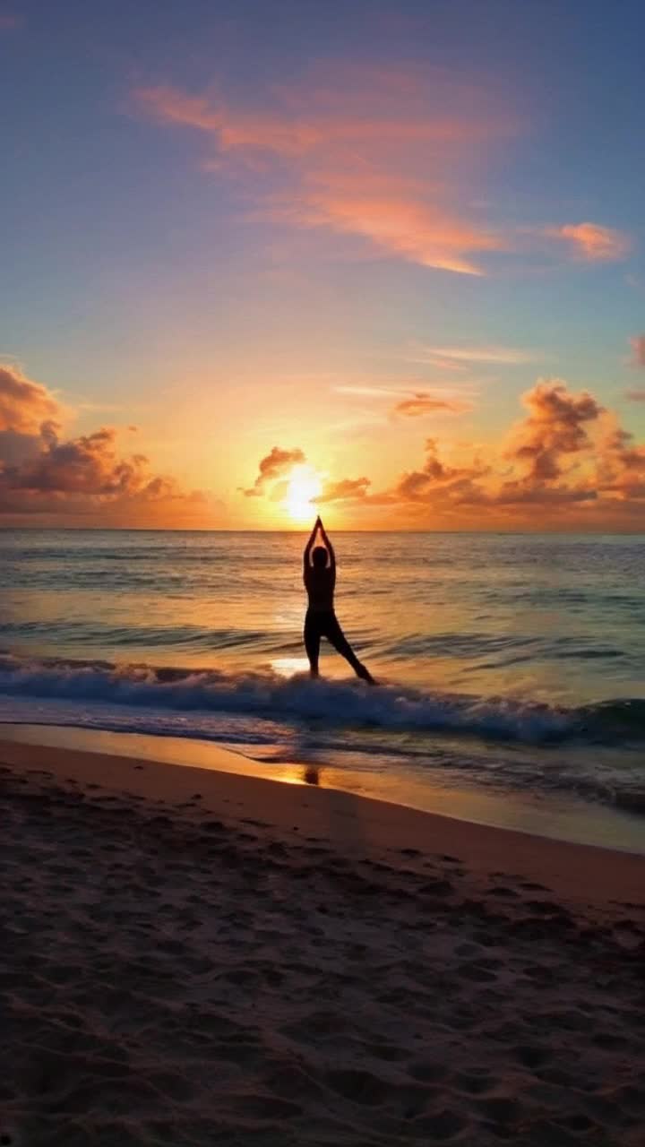 Flowing waves cascading against a tropical shoreline adorned with glistening sand silhouettes of a woman gracefully transitioning between exquisite yoga poses vibrant colors splash across the sky as the sun dips into the horizon rhythmic movements synchronized with the gentle ebb and flow of the tropical ocean waves sparkling reflections dance upon the waters surface as twilight embraces the scene tranquil vibes enveloping the air serenity captured in every frame of this breathtaking hyper timelapse experience