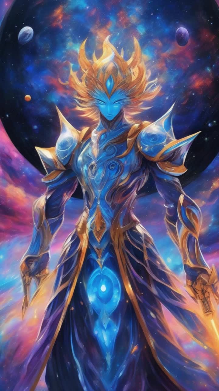 Colorful warrior from 7th dimension launches into cosmic abyss Brilliant atomic blue energy lights surreal landscape Graceful pirouettes among swirling galaxies as vibrant nebulae pulse around him Celestial bodies twinkle like diamonds against the dark void Infinite stars shimmer with cosmic mystery vibrant colors dance in symphony of light Sculptural asteroids float effortlessly through space echoing ancient tales of time’s elegance