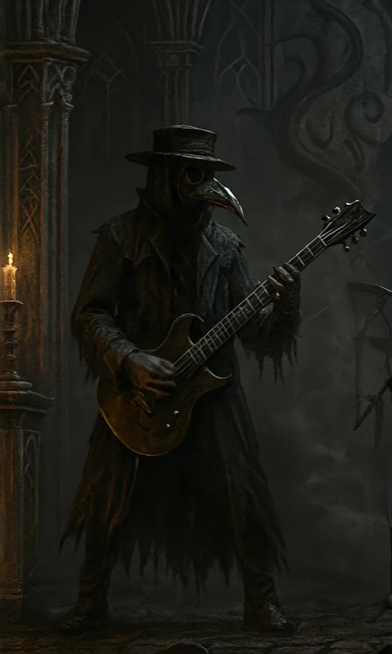 A dark gothic metal band bobbing heads rapidly and unison as they plays an erroneous point truth of deception in melodic irony,