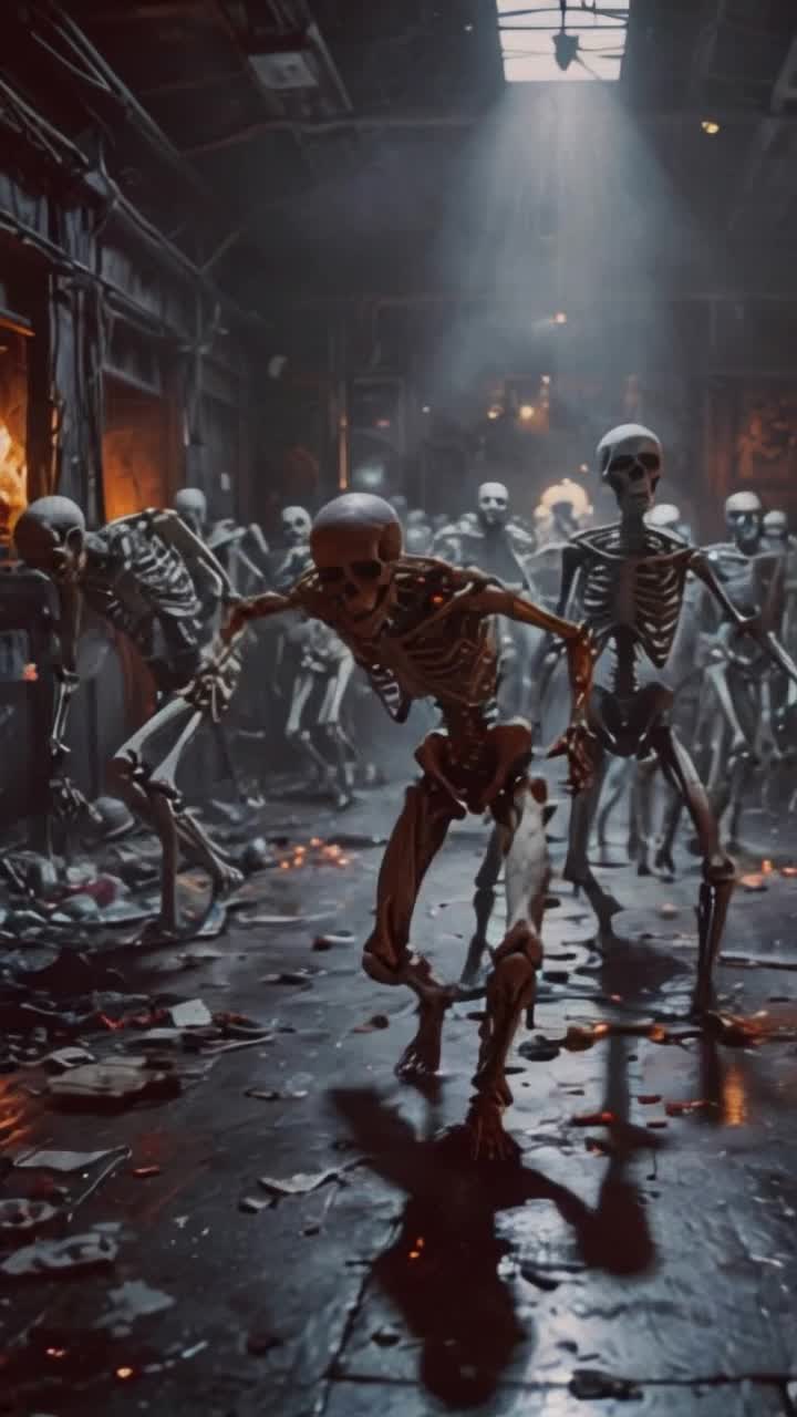 terrified and panicked bunch of anatomically correct Skeletons running and scattering towards the exit from inside a darklycolored danceclub, skeletons fleeing in terror from a techno lightshow ravedance,  skeleton dance party ends in terror, skeletons sprinting, angry and frightened skeletons in pain, 