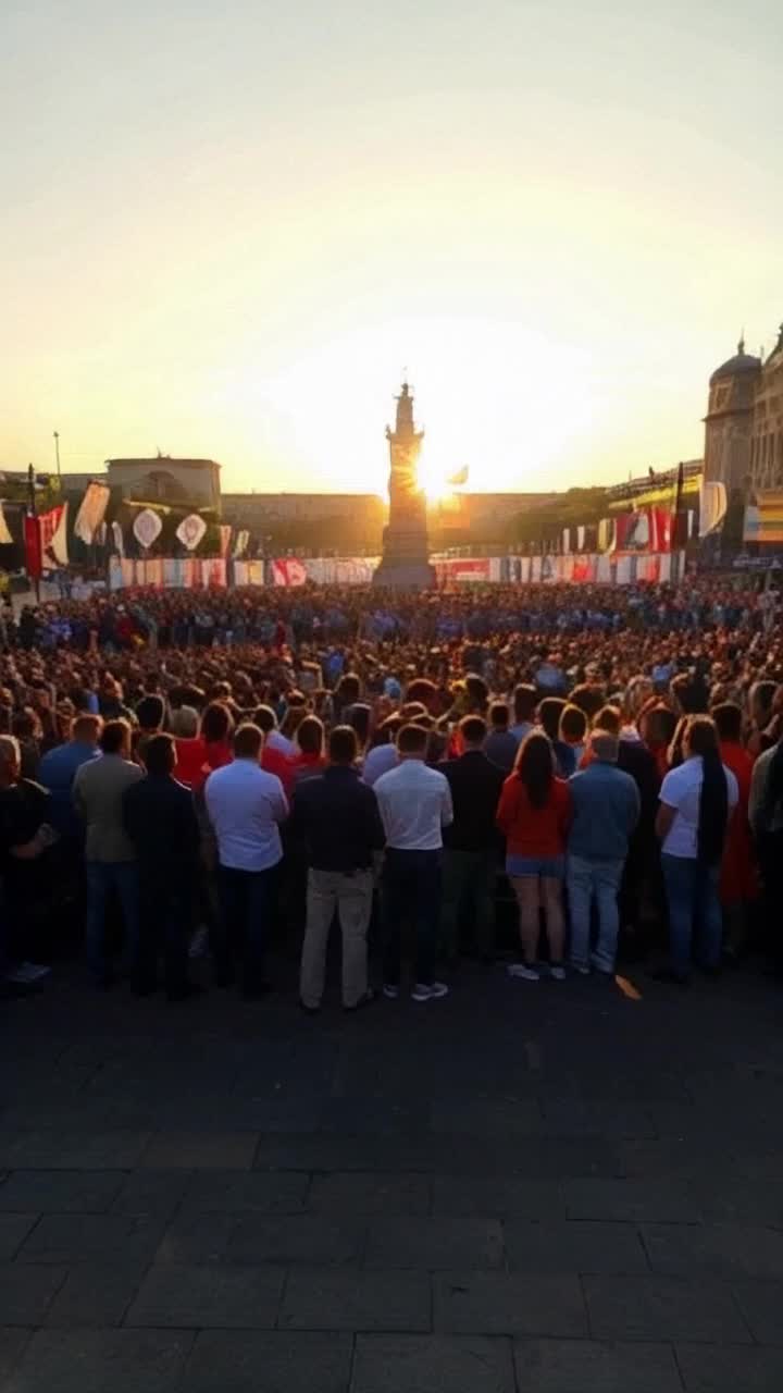 Charismatic political leader surrounded by enthusiastic supporters delivering passionate speech radiating energy and hope sparks of inspiration igniting crowd Background bustling urban square adorned with banners vibrant colors echoing voices of unity and change sun setting casting golden hues illuminating faces reflecting determination and belief