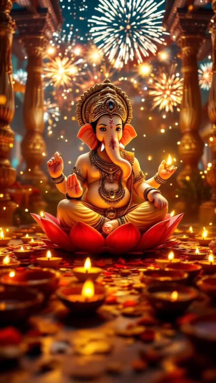 An enchanting gathering of vibrant earthen lamps illuminates the scene Each diya flickers with a golden flame revealing intricate patterns as music begins to play A majestic image of Lord Ganesha slowly emerges on a resplendent red lotus showered with divine light capturing every detail of his ornate attire Nearby Goddess Mahalakshmi appears radiantly on a white lotus surrounded by a cascade of golden coins and fragrant petals A festive Mandap unfolds in a background of flickering diyas as calm shlokas fill the air showcasing the spirit of Diwali Glorious fireworks burst to life displaying sparkling visuals culminating in an uplifting celebration of joy