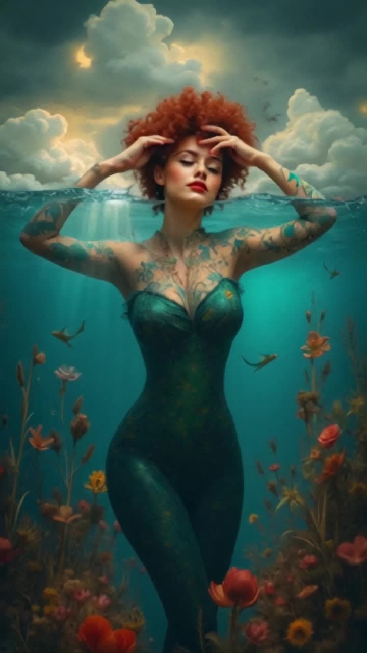 This this disappointed lady is drowning in capitalism greedy people that dont help but trap her in a sea of distraction, she is slowly drifting in the water until her head submerges and her mouth blows air bubbles