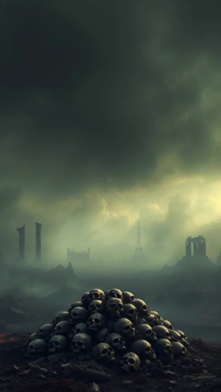 Scorced earth, apocalypse, a pile of human skulls still smoldering