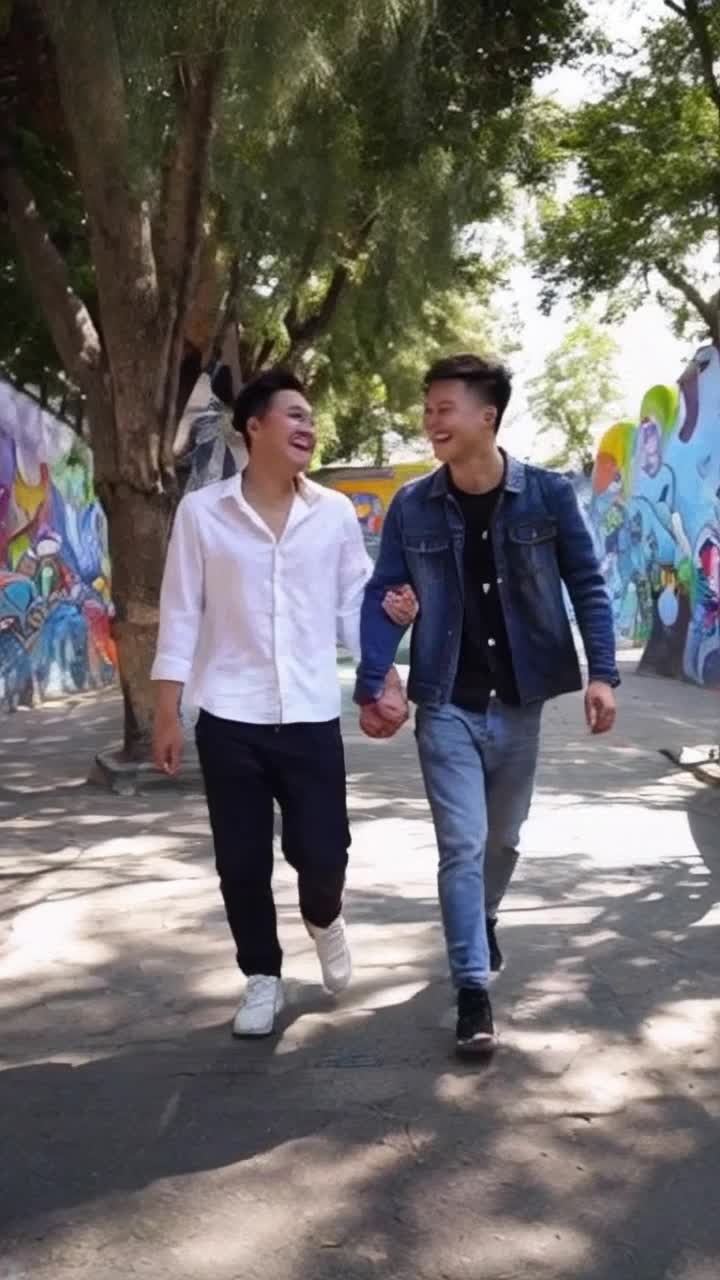Taehyun and Soobin from Tomorrow X Together stroll together hand in hand glowing with youthful energy They share laughter and playful glances as they walk along a vibrant city street Colorful murals surround them depicting whimsical scenes and dreamlike characters Warm sunlight filters through swaying trees casting dappled shadows on the pavement A gentle breeze tousles their hair adding to the lively atmosphere Their casual outfits reflect individual styles showcasing their unique personalities as they enjoy their carefree day Background music fills the air enhancing the joyful scene of friendship and connection in an urban paradise