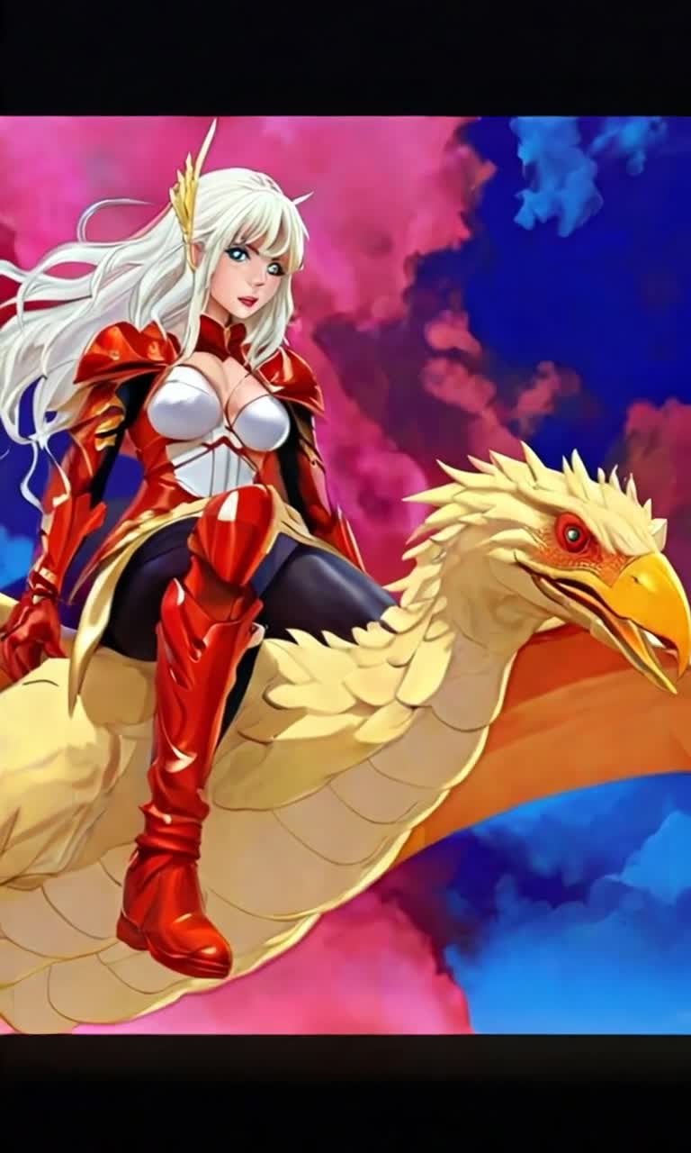 The warrior soars through the air on her trusted bird as she surveys the land below for enemies,