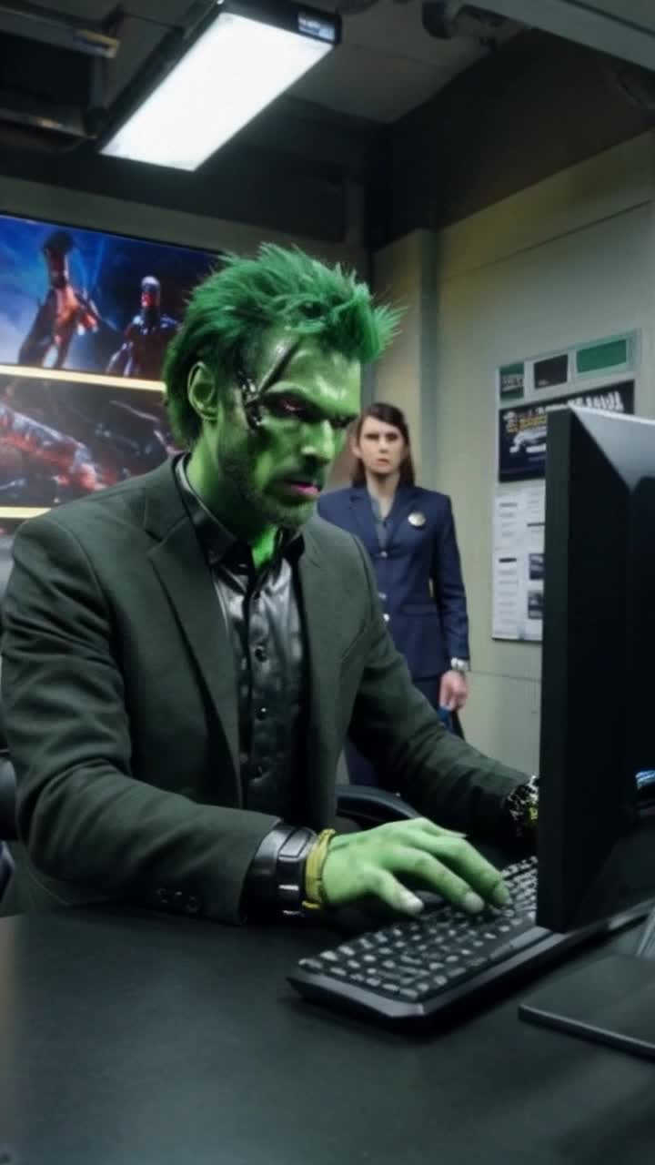 Nuclear Beavis with vibrant green skin and wild spiky hair wears a crisp work uniform carrying a briefcase, transitioning into a menacing General Grievous with robotic limbs and glowing eyes Methodically navigates through a bustling office, typing furiously on a holographic keyboard, each keystroke amplifying his transformation Office walls adorned with posters of famous scifi battles, coworkers stare in awe and fright as his mechanical appendages begin to emerge Overhead fluorescent lights flicker, reflecting on polished surfaces, creating an atmosphere of tension and intrigue, blending productivity with impending chaos
