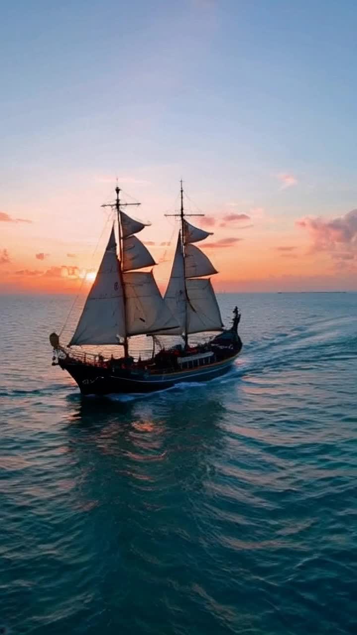 Majestic ship adorned with intricate carvings billowing sails catching the evening breeze gliding smoothly across cerulean waves with graceful speed glimmering sunlight igniting the waters surface like scattered jewels beneath a breathtaking sky painted in vibrant hues of orange and pink as sun melts into horizon creating a dreamlike atmosphere where time seems suspended shimmering reflections dance playfully on water inviting all who witness to become entranced by this enchanting maritime spectacle