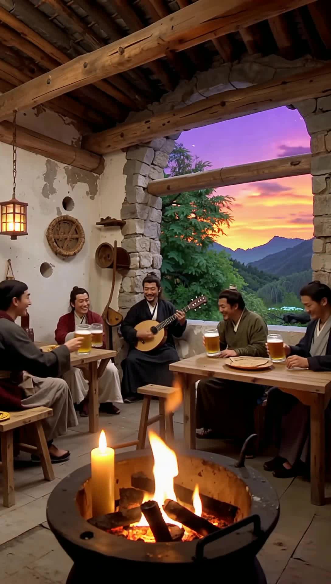 Ancient tavern with intricately carved wooden beams and glowing hearth adorned with flickering candles, rustic stone walls showcasing rich history and charm Lively patrons dressed in vintage attire sharing laughter and tales fill the space, raising tankards overflowing with frothy ale Warm, golden light dances across the worn wooden tables as an acoustic musician strums a timeless melody in the corner Outside, lush emerald hills roll under a twilight sky painted with hues of purple and orange, inviting wanderers to discover secrets hidden within this enchanting oasis steeped in tradition and vibrant atmosphere