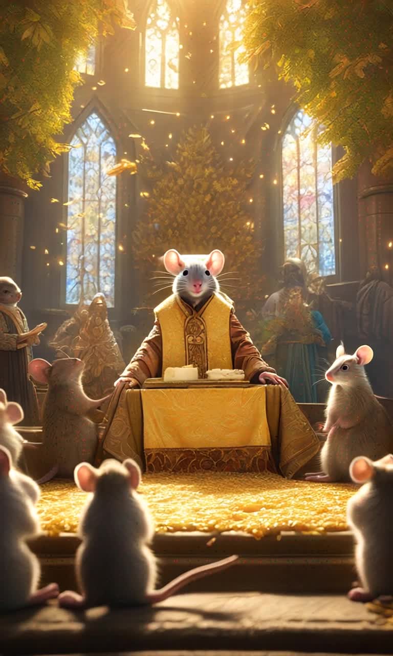 A revered high priest mouse adorned in ornate robes raises a gleaming wedge of cheese high above tiny lifted paws inviting divine blessings shimmering golden light cascades around him as the congregation of mice watches in awe nestled within an intricate chapel made of twigs and leaves vibrant forest colors illuminate the scene while gentle rays of sunlight filter through the canopy creating a sacred ambiance filled with anticipation and reverence