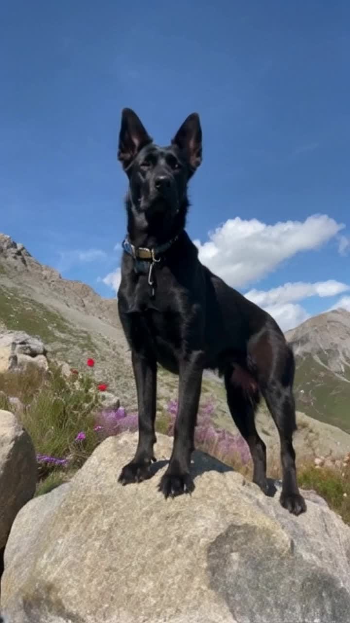 sleek black German bracco gracefully striding across rugged mountainside perched on a weathered rock with front paws raised majestically dazzling alpine landscape stretching into the horizon vibrant wildflowers dotting the path beneath its paws golden sunlight filtering through towering evergreen trees casting intricate shadows on rocky terrain