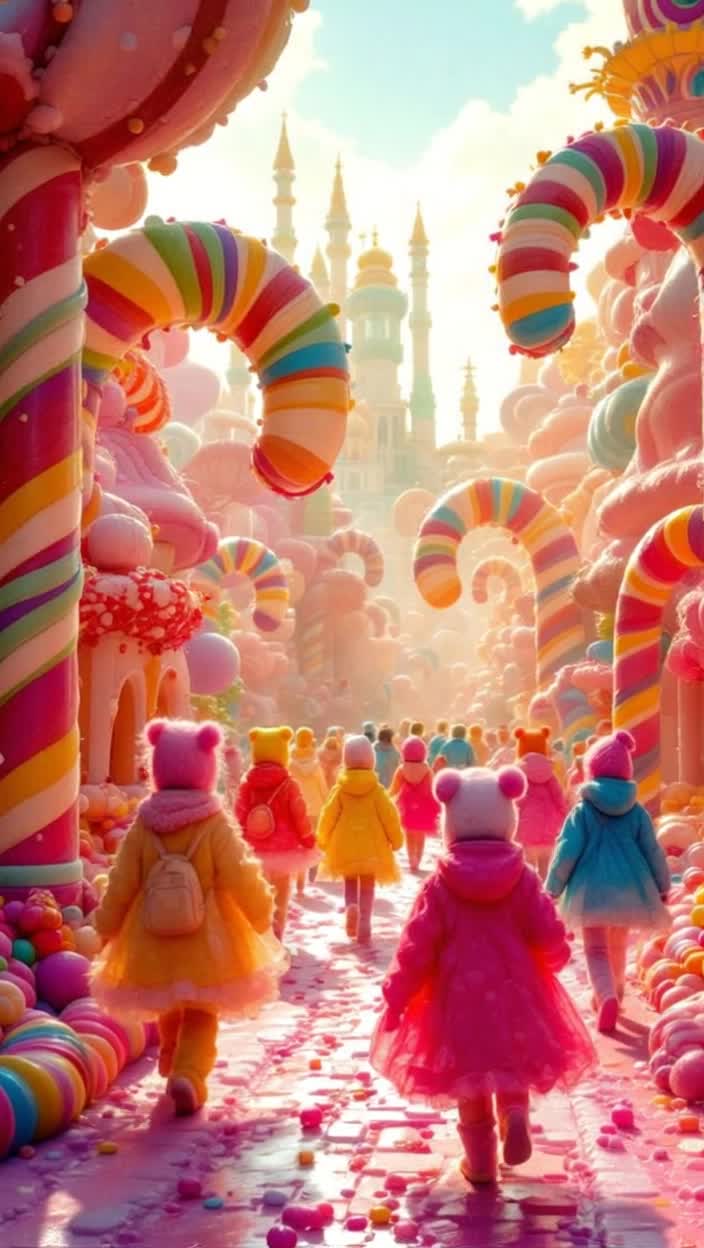 The Candy Confection Land is a magnificent edible masterpiece, it is a bustling city park composed of only candy, a bubblegum crisis has everyone dressed in candy costumes 