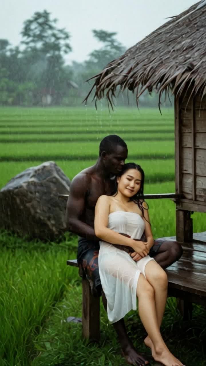 heavy rain, man hugs woman tightly romantically