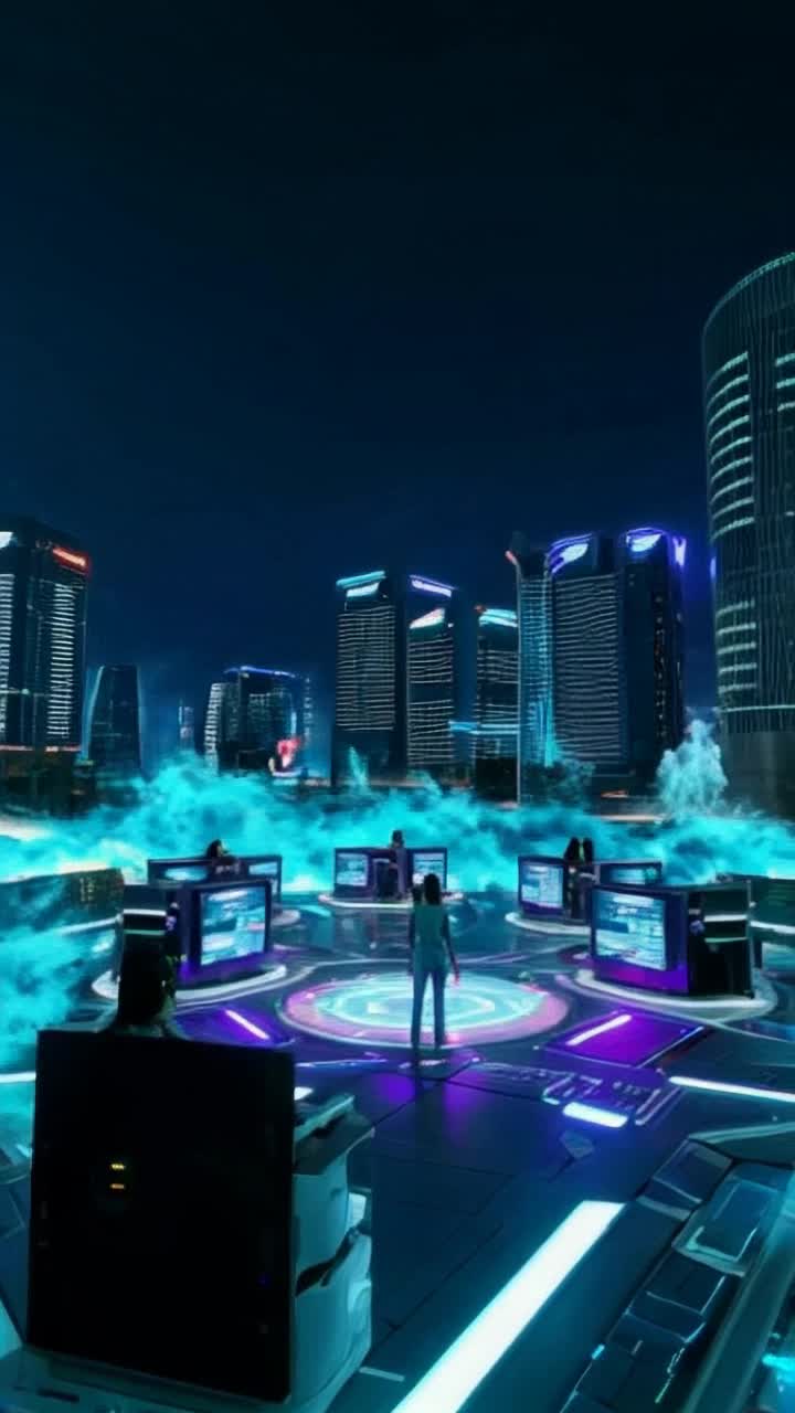 A dynamic ensemble of cyberpunk engineers sporting neon attire intensely focus on intricate control panels directing a diverse array of sleek robotic companions executing elegant synchronized movements evoking a mesmerizing dance video sequence. High-tech urban landscape buzzes around them illuminated by vibrant holographic displays pulsing in rhythm with their actions amidst swirling clouds of electric blue mist swirling and futuristic skyscrapers casting stark shadows over the scene creating a thrilling backdrop for the cosmic transformation they orchestrate