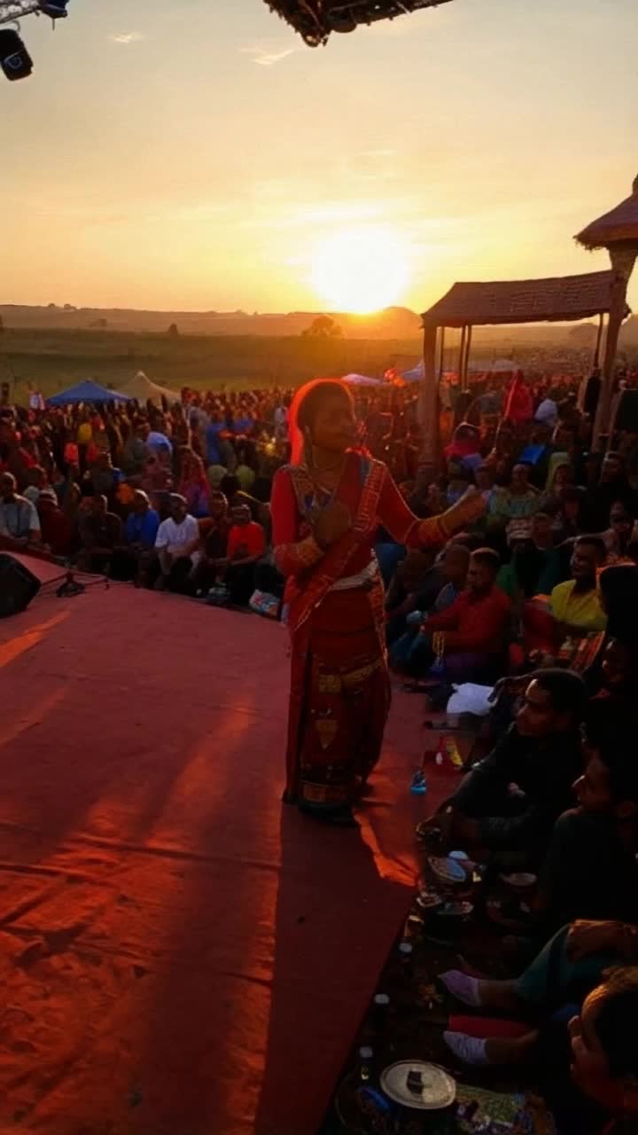 Dynamic singer Nitish Lal, dressed in vibrant traditional attire, passionately performs a heartfelt Magahi folk song, enveloped in melodious tunes Colorful audience sways rhythmically, clapping along, radiating joy and energy Sunsets cast a warm golden hue over the lively village stage adorned with rustic decorations Local villagers, immersed in culture, gather around, their faces aglow with excitement Flashes of traditional instruments accompany Nitish Lals enchanting voice, creating a mesmerizing atmosphere Trees gently sway in the evening breeze, echoing with laughter and music