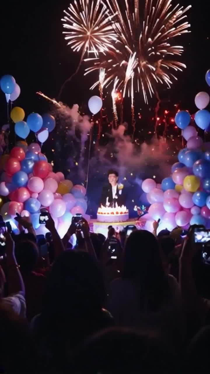 Charismatic Kpop idol Kim Taehyung surrounded by colorful balloons and shining confetti joyful fans celebrating his birthday laughter and cheers echoing vibrant birthday decorations adorned with shimmering lights a large cake topped with candles flickering soft glow as he smiles warmly at his admirers glittering background of fireworks exploding in the night sky creating a magical atmosphere filled with love and excitement