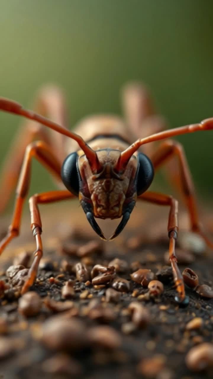 Furious red ant with bulging eyes brandishing tiny mandibles charges forward lunging through a dense green jungle brimming with vibrant foliage scattered bright tropical flowers illuminating dappled sunlight piercing through leaves tiny creatures scurry in the shadows creating a symphony of rustling sounds and buzzing insects adrenaline surging as the ant navigates its chaotic territory racing towards unsuspecting target daringly menacing threats loom in every corner as it journeys through this wild realm pulsing energy enveloped in natures raw beauty