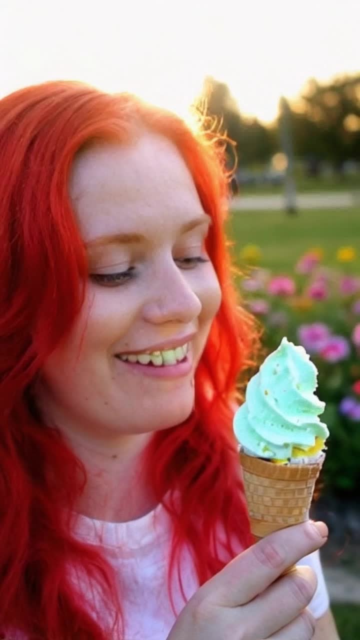 Glistening redhead savoring colorful ice cream cone with melting drips cascading down, Joyful laughter fills the air, park alive with vibrant flowers golden sunlight filtering through leafy trees